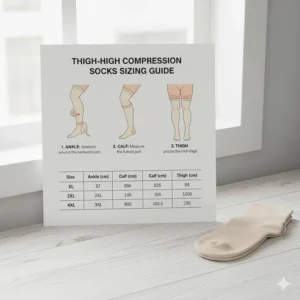 Thigh high compression sock sizing chart showing how to measure the ankle, calf, and thigh for an accurate fit.