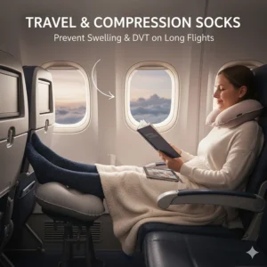 Traveler wearing stylish compression socks during a long flight to prevent swelling in feet and DVT.