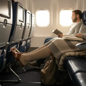 Image of a person wearing open toe compression socks on an airplane, demonstrating their use for circulation support during long flights and travel.