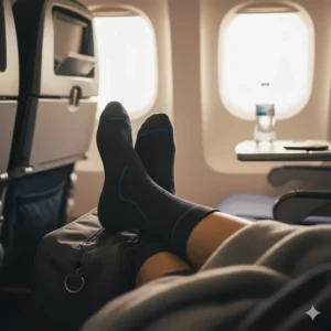Traveler relaxing with their feet up, wearing compression socks to prevent swelling and provide comfortable arch support during long flights.