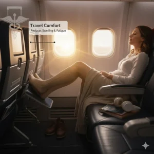 A person comfortably wearing zipper compression socks on a flight or during long periods of sitting/standing.