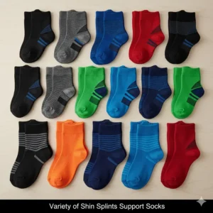 A flat lay of a variety of shin splints support socks in different colors and lengths, showing available options for consumers.