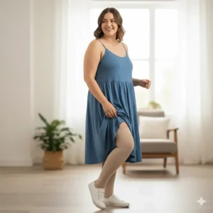 Model standing and smiling while comfortably wearing plus size compression stockings for circulation support.
