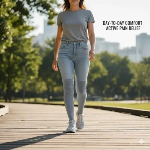 A lifestyle photo of a person comfortably walking or standing while wearing the best support socks for daily foot pain.