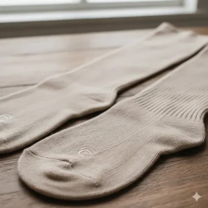 Close-up of wide calf thigh high compression socks fabric texture and reinforced heel and toe.