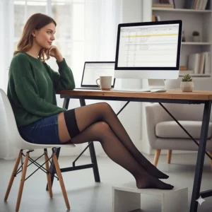 Woman wearing comfortable thigh-high medical compression socks while sitting for long periods at a desk to boost blood flow.