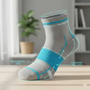 Diagram illustrating the targeted compression and arch support technology in the women's sock design.