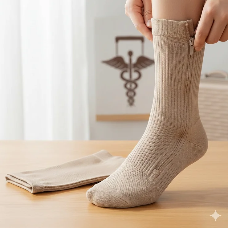 Zipper compression socks for men and women, shown in a neutral color for comfortable daily wear and easy application.