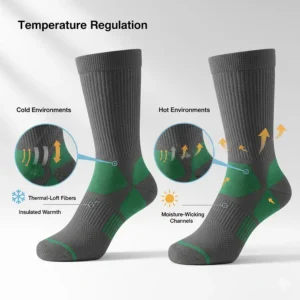 Illustration showing how trail running socks regulate temperature in both hot and cold outdoor environments.