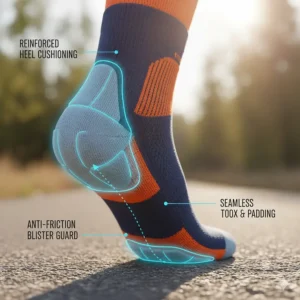 Illustration of reinforced heel and toe padding designed to prevent blisters during long-distance runs.