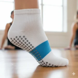 Diagram or photo showing a pair of barre socks with a reinforced elastic band for targeted compression and arch support.