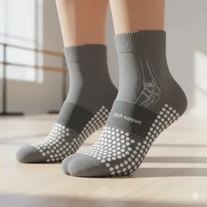 Illustration showing the compression arch band on a pair of professional-grade barre socks.