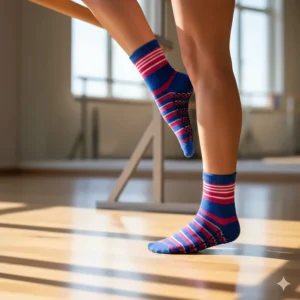 A dancer wearing pilates grippy socks during a barre class, demonstrating enhanced stability and balance on the wooden floor.