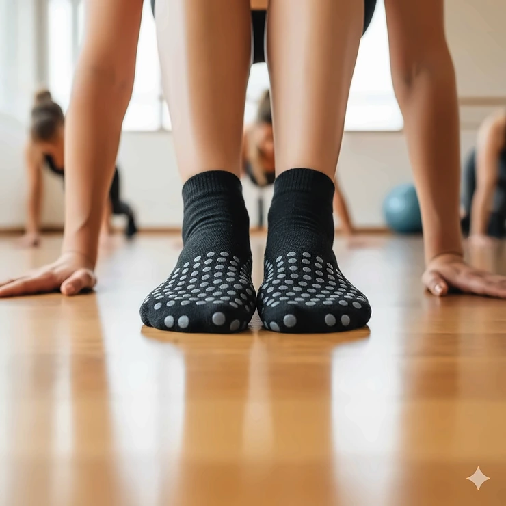 Close-up shot of a woman in a plank position wearing black barre socks with prominent non-slip grips on the soles for safety and stability.