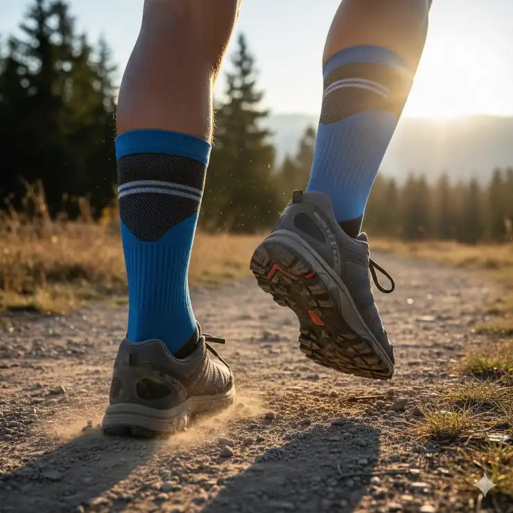 A close-up of a runner's feet wearing high-performance anti blister running socks while jogging on a dirt trail.