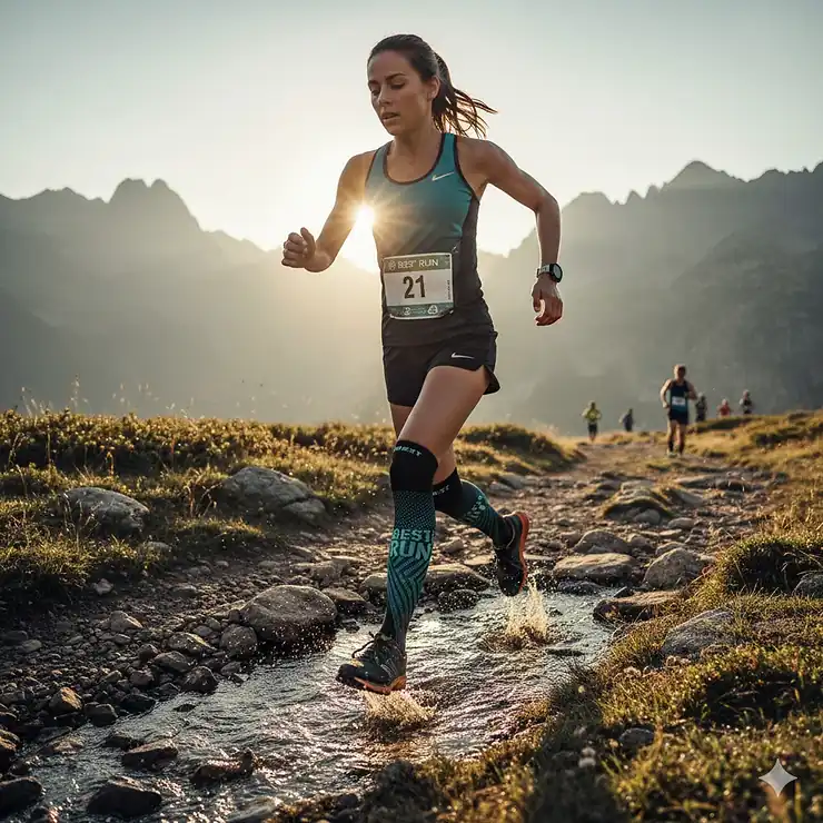 A professional runner wearing high-quality compression socks during an outdoor trail run. best socks for marathon training