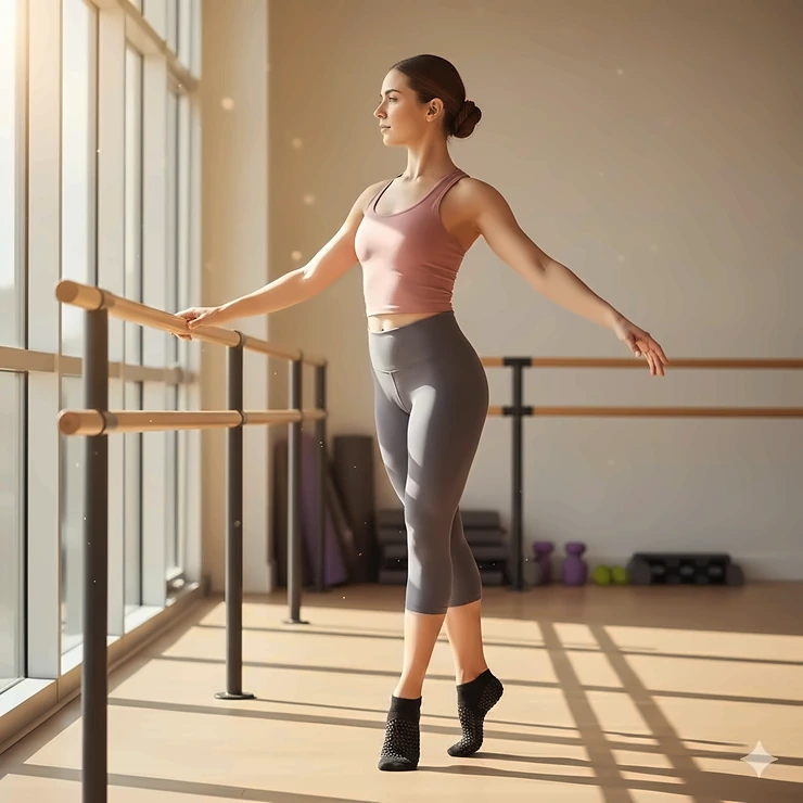 A woman performing a relevé at a wooden ballet barre wearing black non-slip grip socks. best grip socks for barre