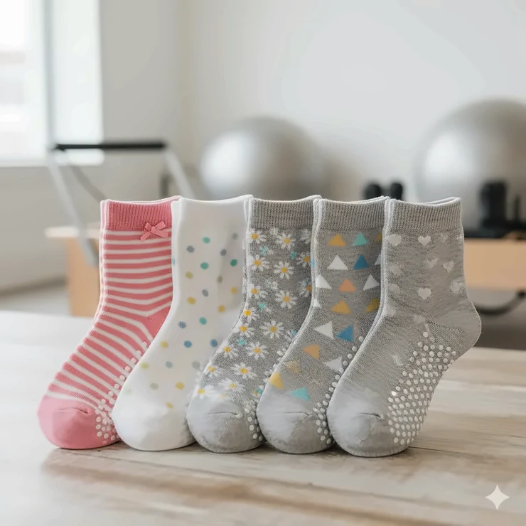 Variety of cute patterned pilates socks, including striped and polka dot designs. pilates socks cute