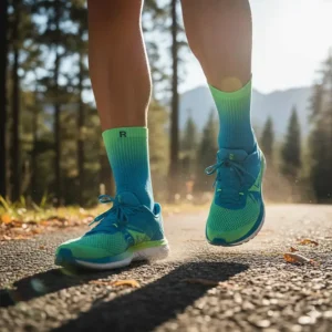 A pair of high-performance cushioned running socks worn by a marathon runner on a paved trail.