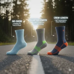A side-by-side comparison of no-show, quarter-length, and crew-length running socks for different terrains.