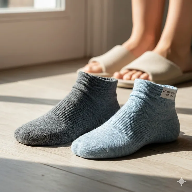 A close-up shot of two pairs of extra-stretchy, comfortable socks designed specifically for people with wide feet, highlighting the seamless toe and non-binding cuff.