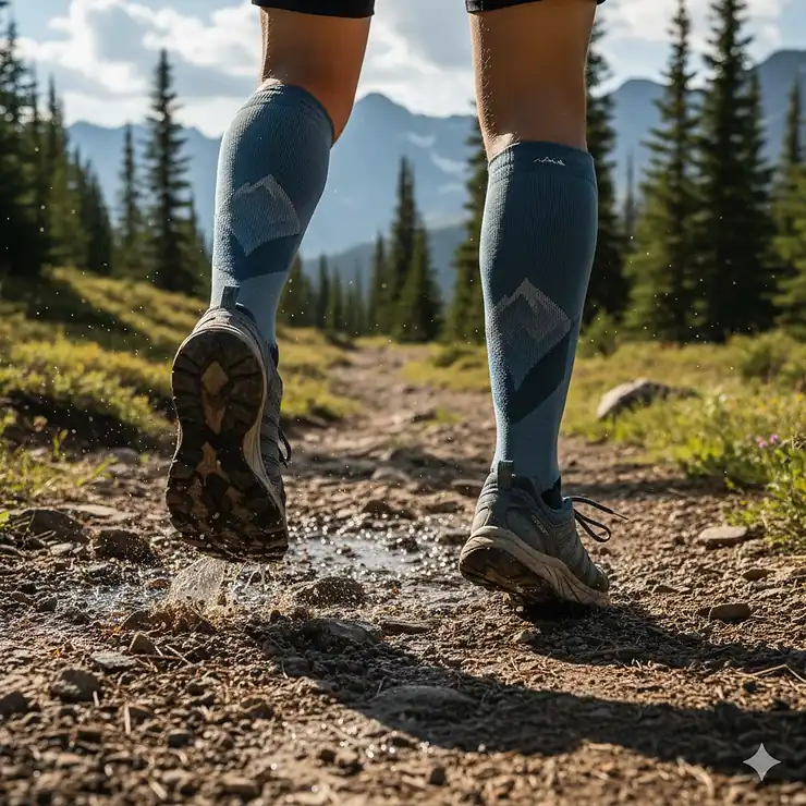 A close-up of a runner wearing high-quality trail running socks while traversing a rugged mountain path. best trail running socks