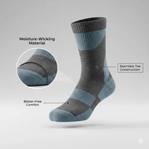 Illustration of a seamless toe construction designed to prevent blisters during long-distance trail runs.