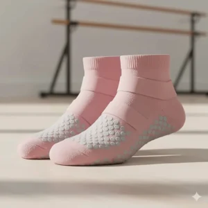 Pink Mary Jane style grip socks with elastic straps designed for stability and breathability during barre.
