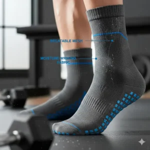 Illustration of moisture-wicking fabric technology used in breathable grip socks for men.