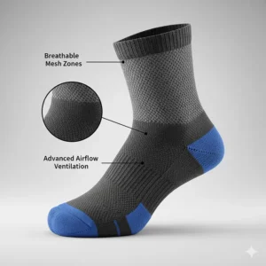 A graphic highlighting breathable mesh ventilation zones on the top of a trail running sock.