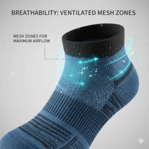 Illustration of ventilated mesh zones on the top of anti blister running socks for maximum airflow.
