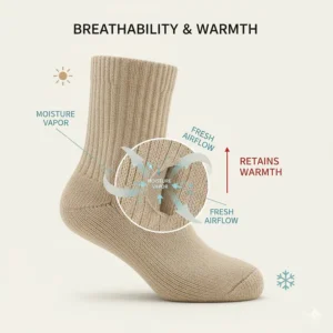 A graphic showing how air circulates through thermal knit fabric to prevent sweat buildup in extreme cold.