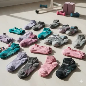 A collection of colorful grip socks for barre arranged in a flat lay to show various patterns and sizes.