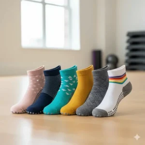 A collection of assorted colorful and patterned barre socks displayed side-by-side, showcasing style options for fitness enthusiasts.
