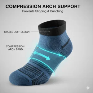 Diagram highlighting the compression arch band that prevents the sock from slipping or bunching.