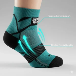 Close-up illustration highlighting the targeted arch support in performance running socks.