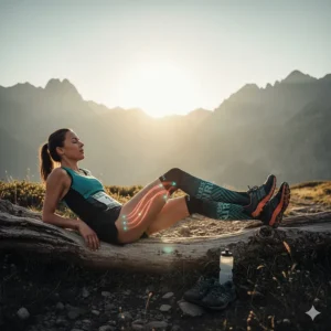 Illustration of a runner resting with compression socks to improve blood circulation and muscle recovery.