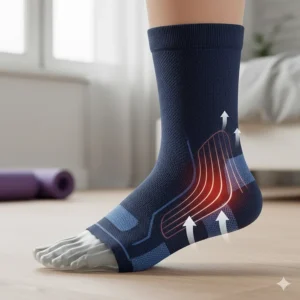 A close-up illustration of compression socks for plantar fasciitis highlighting the targeted compression zones around the heel and arch.
