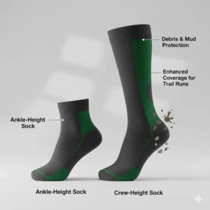 Illustration comparing ankle vs. crew height socks for protecting trail runners from debris and mud.