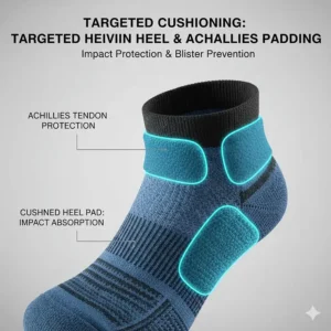 Illustration showing targeted padding on the Achilles and heel area of anti blister running socks.