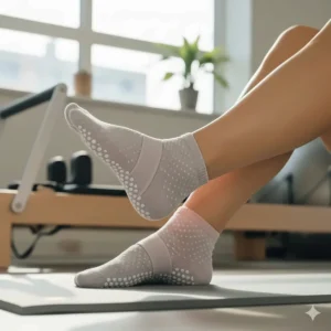 Feet wearing cute, cozy, grippy socks performing an exercise on a pilates mat.
