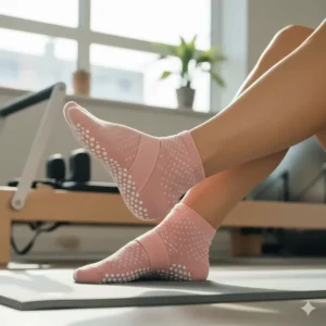 A close-up of a person wearing cute pink, non-slip pilates socks with grippy bottoms during a studio workout.
