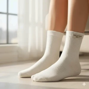 Photo of light-colored, moisture-wicking diabetic socks, specifically engineered to accommodate swollen and wide feet.