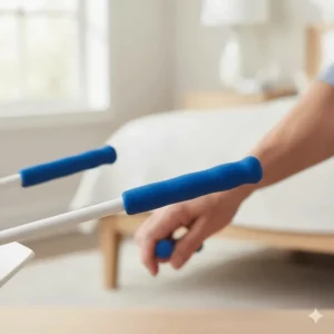 Detailed image of the ergonomic, non-slip handle of a sock aid, which provides a secure grip for seniors or those with limited mobility.