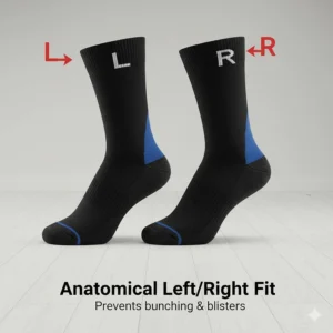 Image showing the L and R indicators on a pair of Feetures socks, emphasizing the anatomical fit that prevents bunching and blisters.
