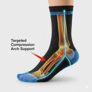 Diagram illustrating the targeted compression zones in the Feetures sock that provide arch support for plantar fasciitis relief.