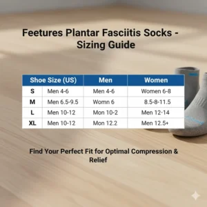 Detailed sizing chart table for Feetures socks, helping users select the correct size for optimal fit and effective compression.