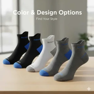 Collection of Feetures plantar fasciitis socks displayed in various available colors and cuff heights (e.g., quarter, mini crew).