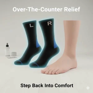A pair of Feetures plantar fasciitis socks lying beside a healthy foot, representing over-the-counter relief from chronic foot pain.