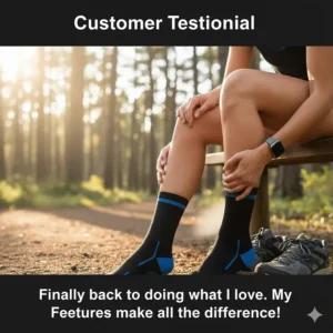A runner wearing Feetures socks and smiling, suggesting successful pain relief and return to activity thanks to the compression sock.
